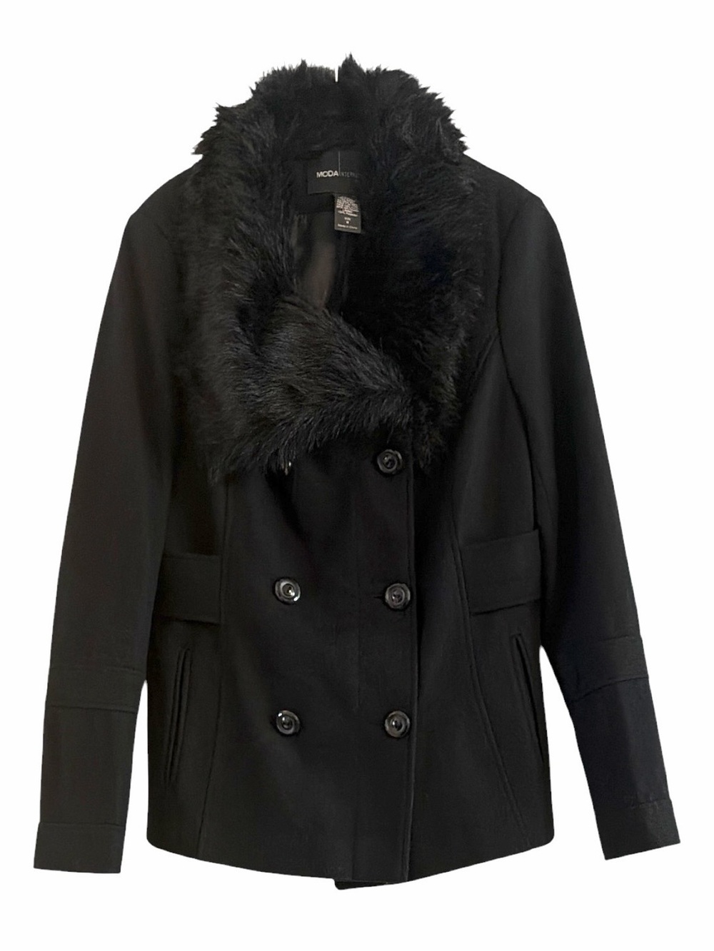 Moda International Black Wool Blend Faux Fur Collar Pea Coat Winter Jacket M
